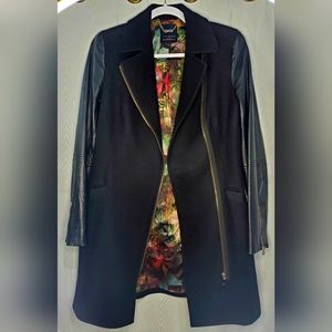 Ted Baker London Alycia Leather Sleeve Black Wool Coat Size 1 (Small)
